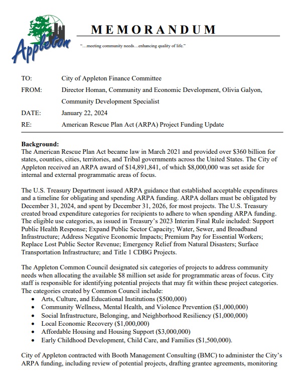 Finance Committee Receives Overview Of ARPA Dollar Designations And ...