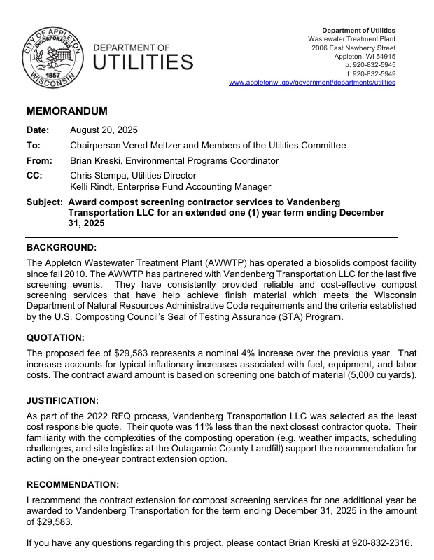 Compost Collection Contract Utilities Committee Meeting 08/26/2025 – Will Vote On Compost Screening ...